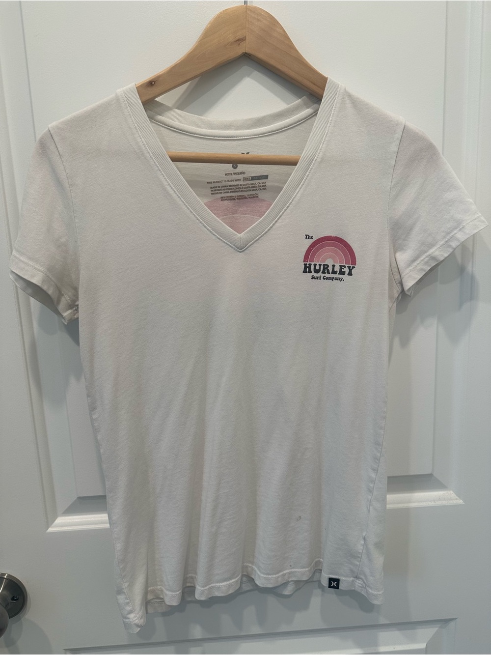 Hurley White V-Neck Tee with Pink Graphic